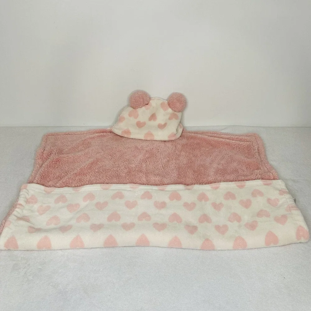 Chick Pea Pink Hearts Plush Hooded Pom Pom Blanket Throw 30x30 Lovey
